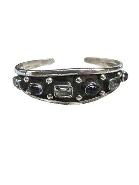 Sterling Silver 925 Cuff Bracelet Amethyst glass & Blue Topaz